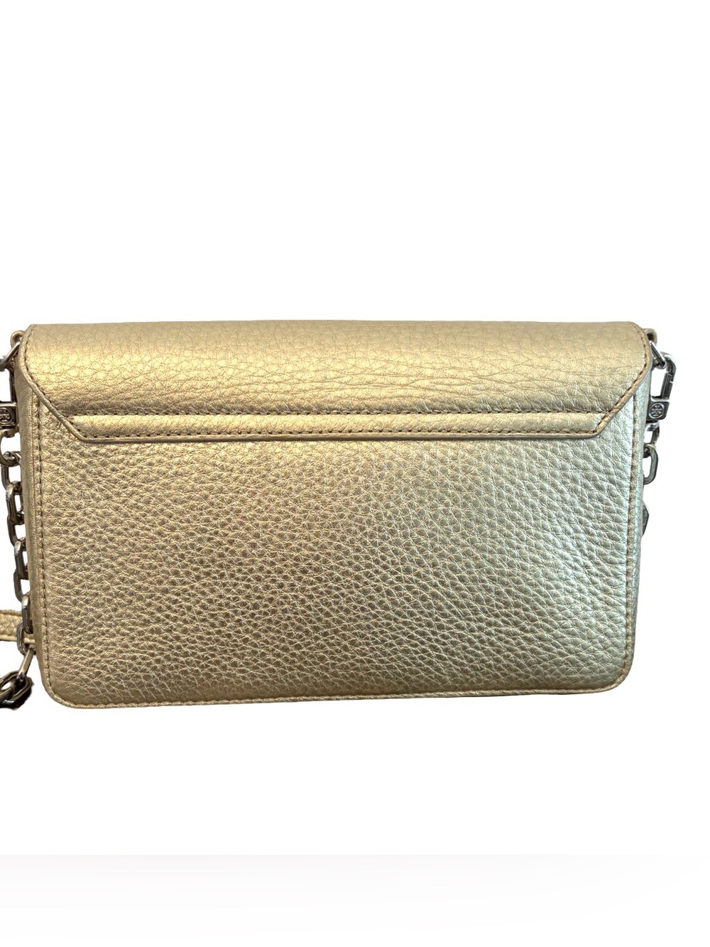 Tory Burch Gold Pebbled Leather With Silver Chain Wallet Crossbody Shoulder Bag - Picture 4 of 16